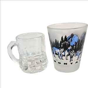 Set of 2 Vintage Shot Glasses Montana Wolf Design & Federal Mini Beer Mug